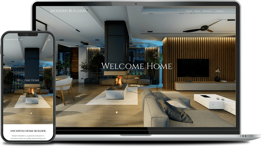 A modern home interior webpage displayed on a laptop and smartphone, showcasing a spacious living area with wooden accents, a fireplace, and contemporary furniture. Text reads "Welcome Home.