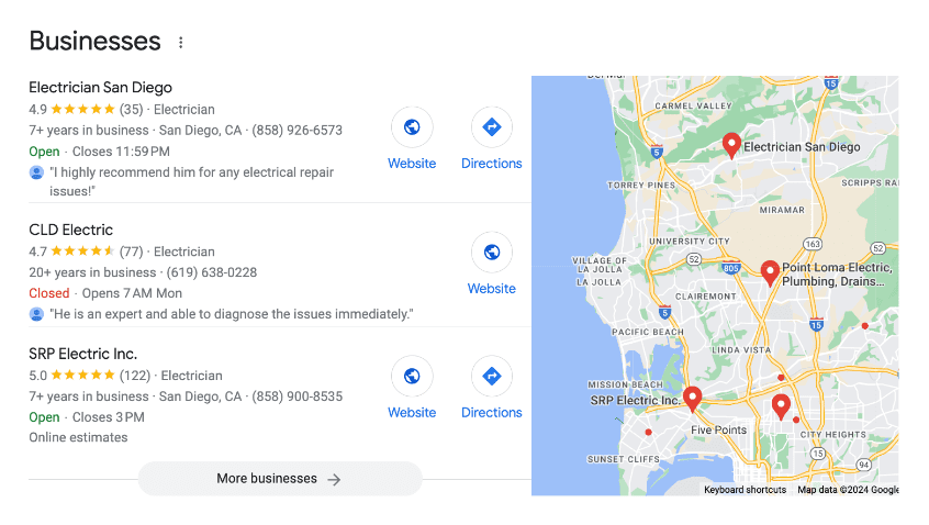 A Google search results page showing three electricians in San Diego with ratings, contact details, and a map on the right with pins at various locations.