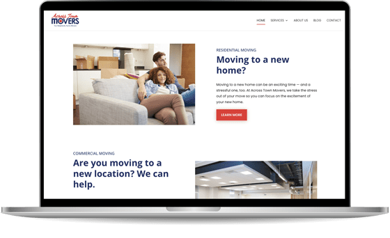 Screenshot of a moving company's website displayed on a laptop screen. The page mentions residential and commercial moving services and has images of people moving and a commercial office space.