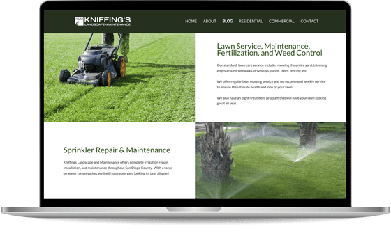 A laptop screen displays Kniffing's Landscaping website offering services like lawn maintenance, sprinkler repair, and weed control. The homepage includes a lawn mower image and sections detailing services.