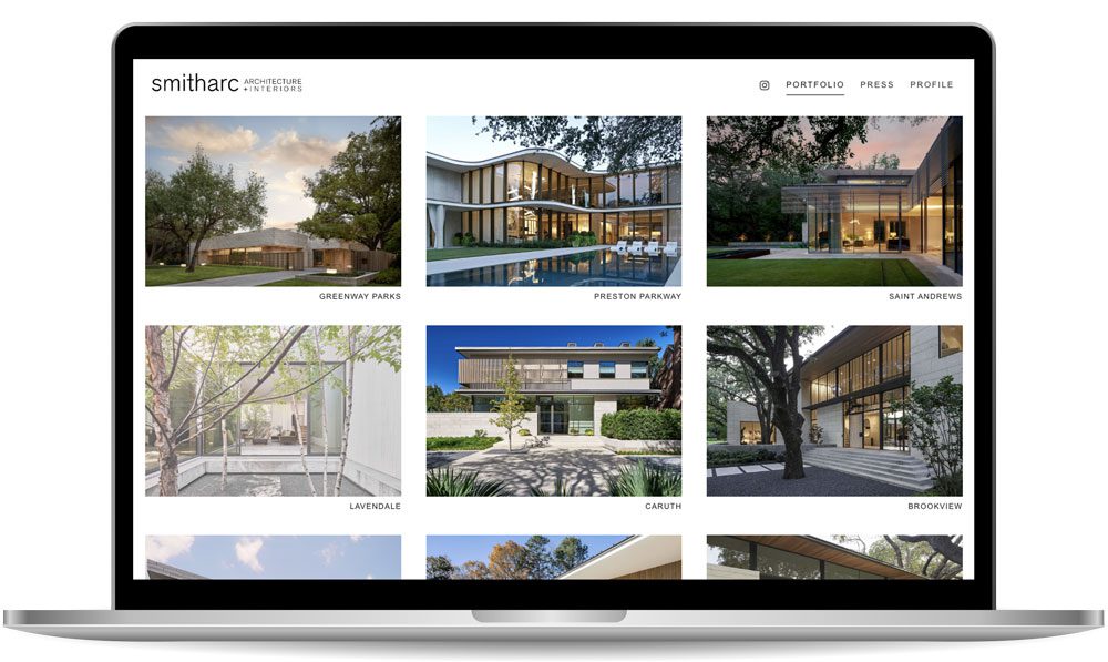 A laptop screen displays a webpage from "Smitharc Architecture + Interiors" showing a grid of eight architectural project images with labels such as Greenway Parks, Preston Parkway, and Saint Andrews.