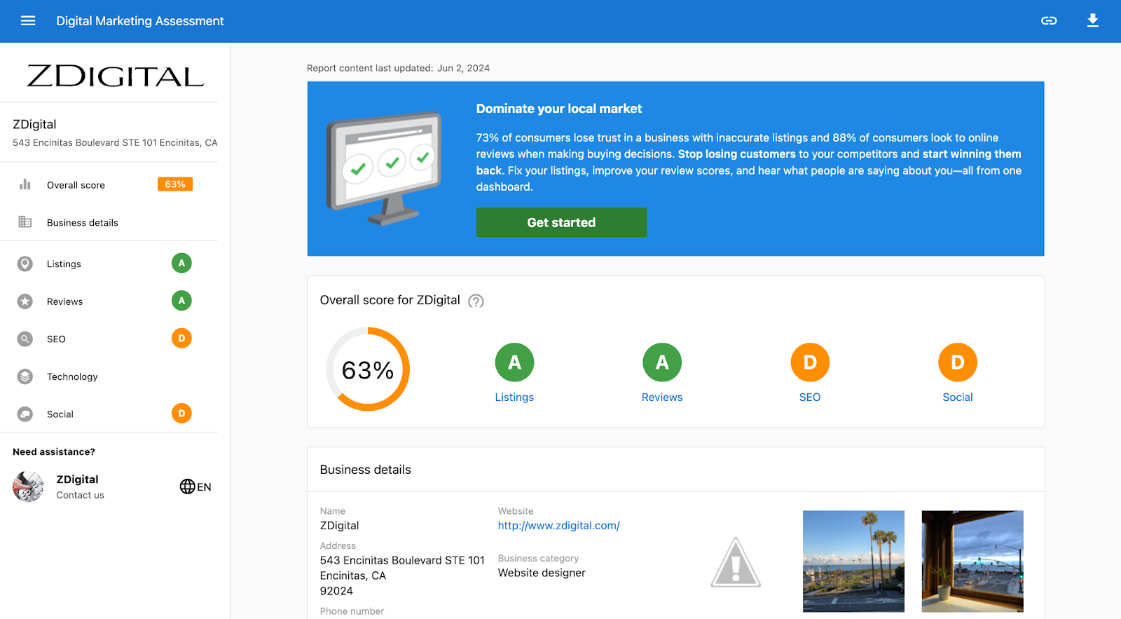 A digital marketing assessment report for ZDigital, showing an overall score of 63% with sections for Listings, Reviews, SEO, and Social. Includes contact details and a call-to-action banner for local market domination.